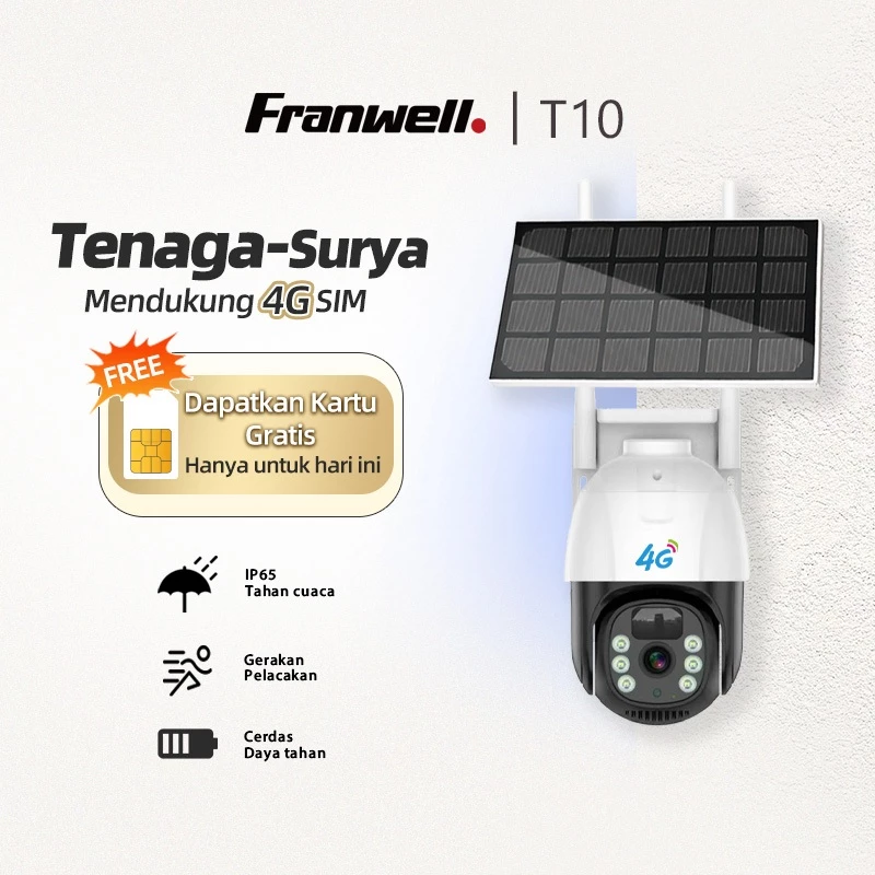 Franwell CCTV 4G Solar Outdoor 3MP Kamera Pan Tilt Tanpa WiFi Bisa Jalan Night Vision & Audio 2 Arah / T10-4G Kamera CCTV Outdoor Solar Cell SD64GB